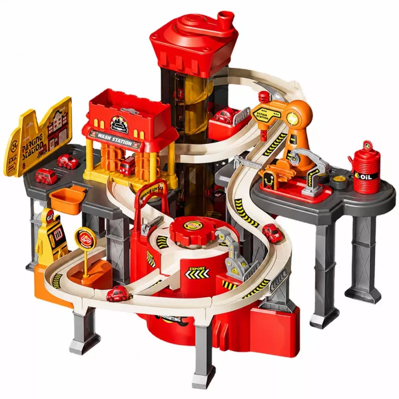 LEAN TOYS parque de estacionamento interativo com lavagem automóvel e oficina – conjunto de bombeiros com 8 carros