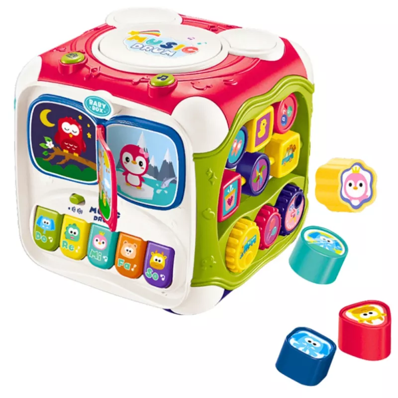 Cubo de aprendizagem multifuncional grande LEAN TOYS com piano, encaixe de formas e tambor – brinquedo de atividades interativo de 6 faces com luzes, sons, labirinto de contas e encaixe de formas