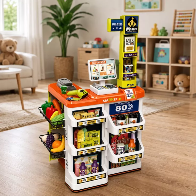 LEAN TOYS Conjunto de Caixa de Supermercado Grande - 60 Peças com Luz, Som & Acessórios, Brinquedo de Faz de Conta para Crianças a partir de 3 Anos