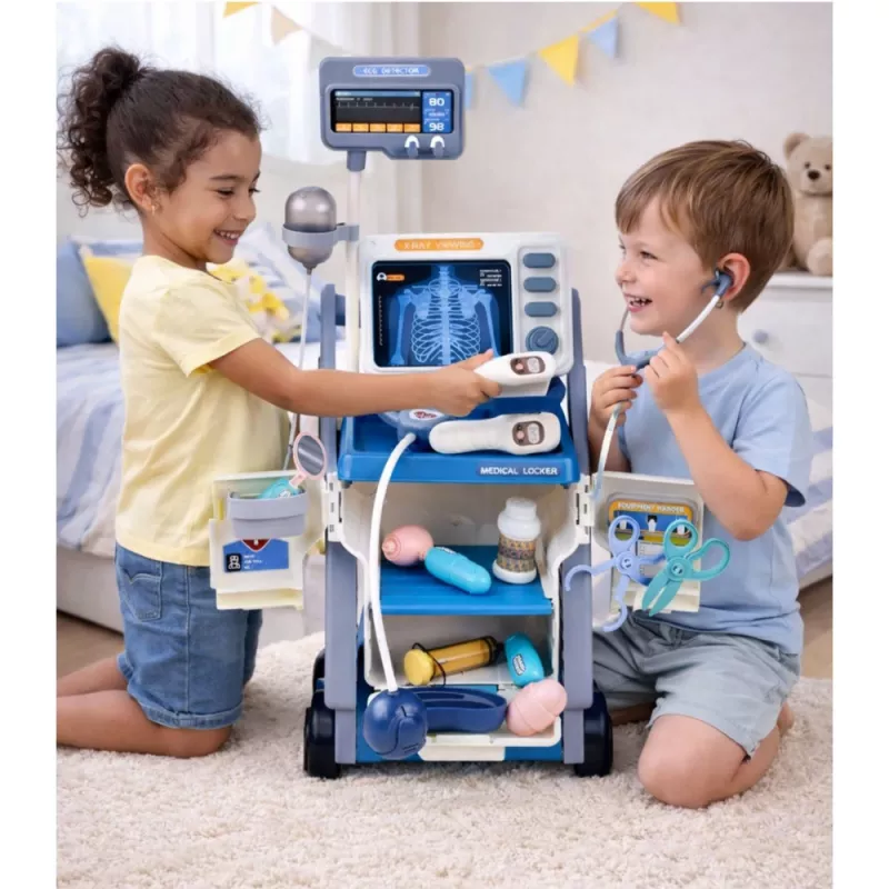 LEAN TOYS Conjunto de Médico Little Doctor's com Carrinho Médico, Raio-X, ECG e Luzes Azul 16 unid.