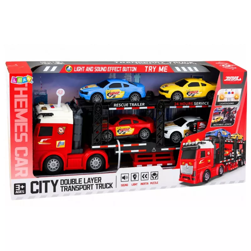 Camião reboque Lora da LEAN TOYS com 4 carros, luzes e sons – transportador de carros com fricção e atrelado removível