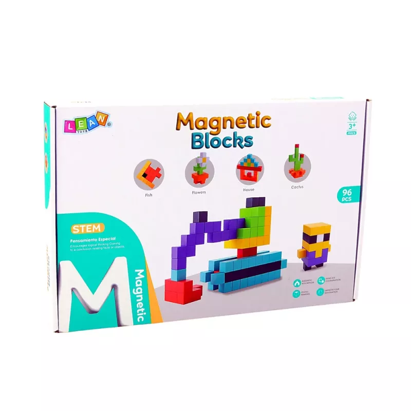 Blocos magnéticos de construção cubos 3D coloridos LEAN TOYS 96 peças