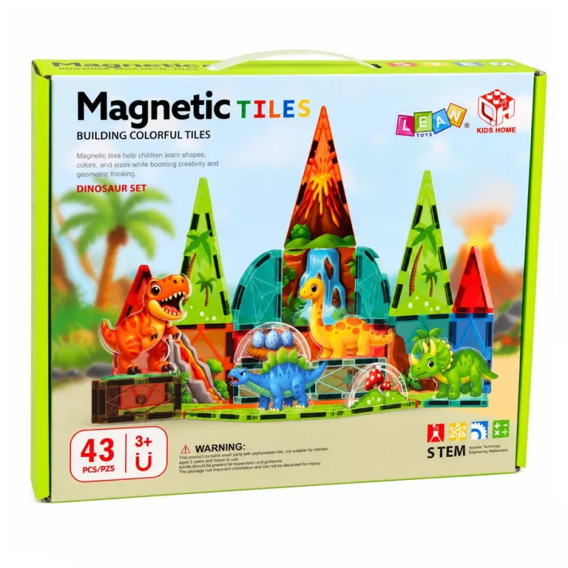 Blocos de construção magnéticos LEAN TOYS conjunto dinossauro vulcão - 43 peças brinquedo educativo STEM para crianças a partir dos 3 anos
