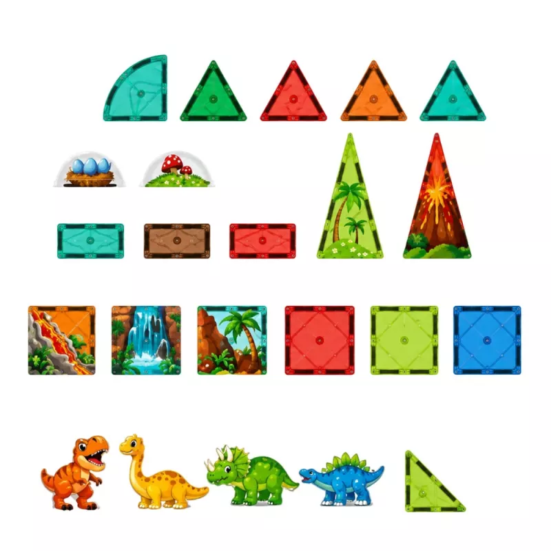 Blocos de construção magnéticos LEAN TOYS conjunto dinossauro vulcão - 43 peças brinquedo educativo STEM para crianças a partir dos 3 anos