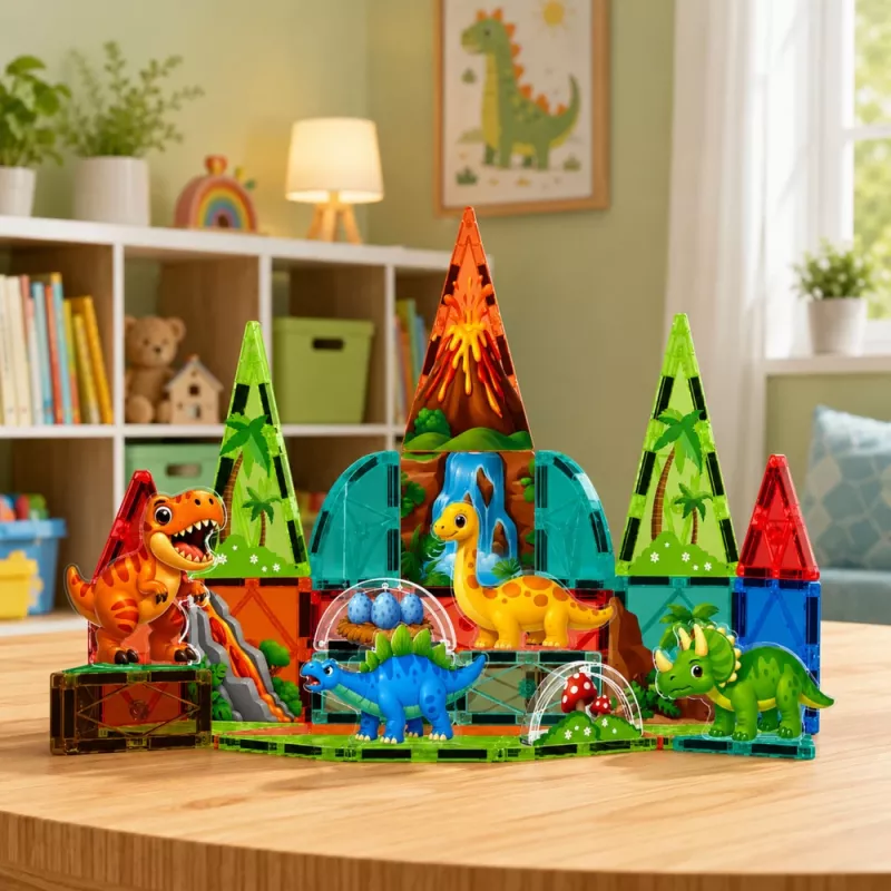 Blocos de construção magnéticos LEAN TOYS conjunto dinossauro vulcão - 43 peças brinquedo educativo STEM para crianças a partir dos 3 anos