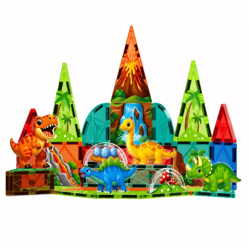 Blocos de construção magnéticos LEAN TOYS conjunto dinossauro vulcão - 43 peças brinquedo educativo STEM para crianças a partir dos 3 anos