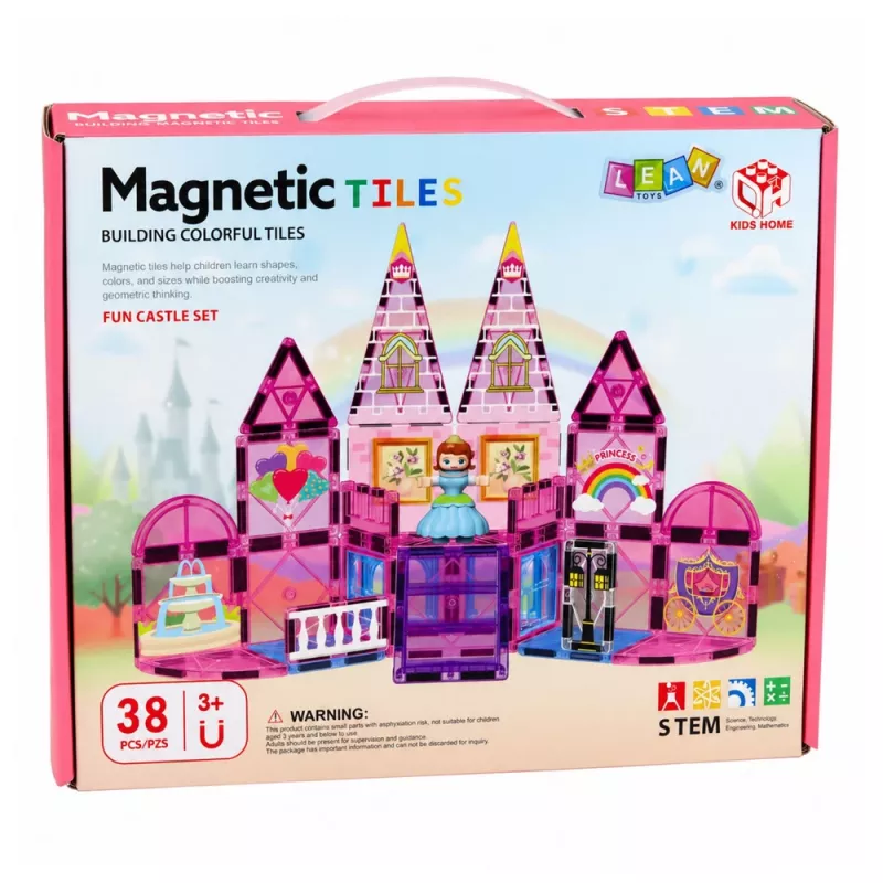 LEAN TOYS Blocos de construção magnéticos castelo de princesa rosa 38 peças