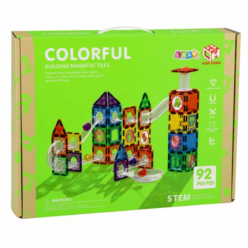 LEAN TOYS Blocos de Construção Magnéticos Conjunto de Comboio com Bolas STEM e Dinossauros – 92 Peças