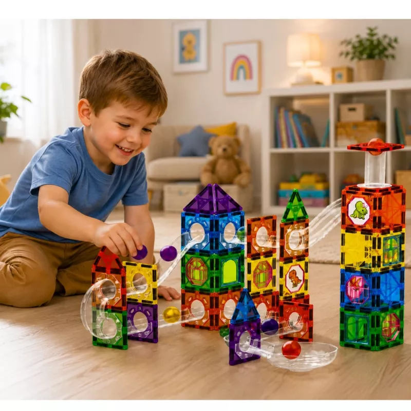 LEAN TOYS Blocos de Construção Magnéticos Conjunto de Comboio com Bolas STEM e Dinossauros – 92 Peças