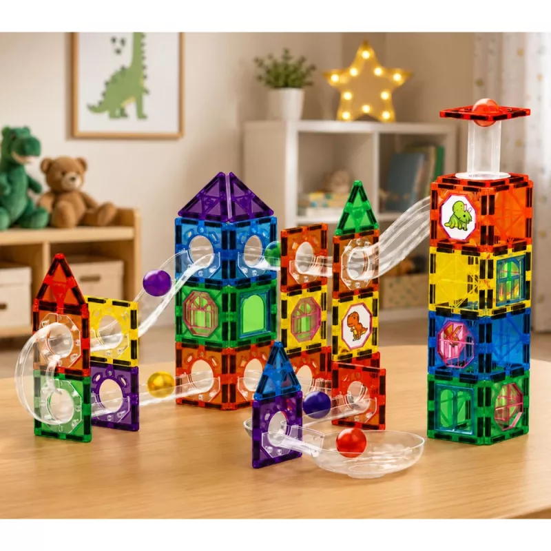 LEAN TOYS Blocos de Construção Magnéticos Conjunto de Comboio com Bolas STEM e Dinossauros – 92 Peças