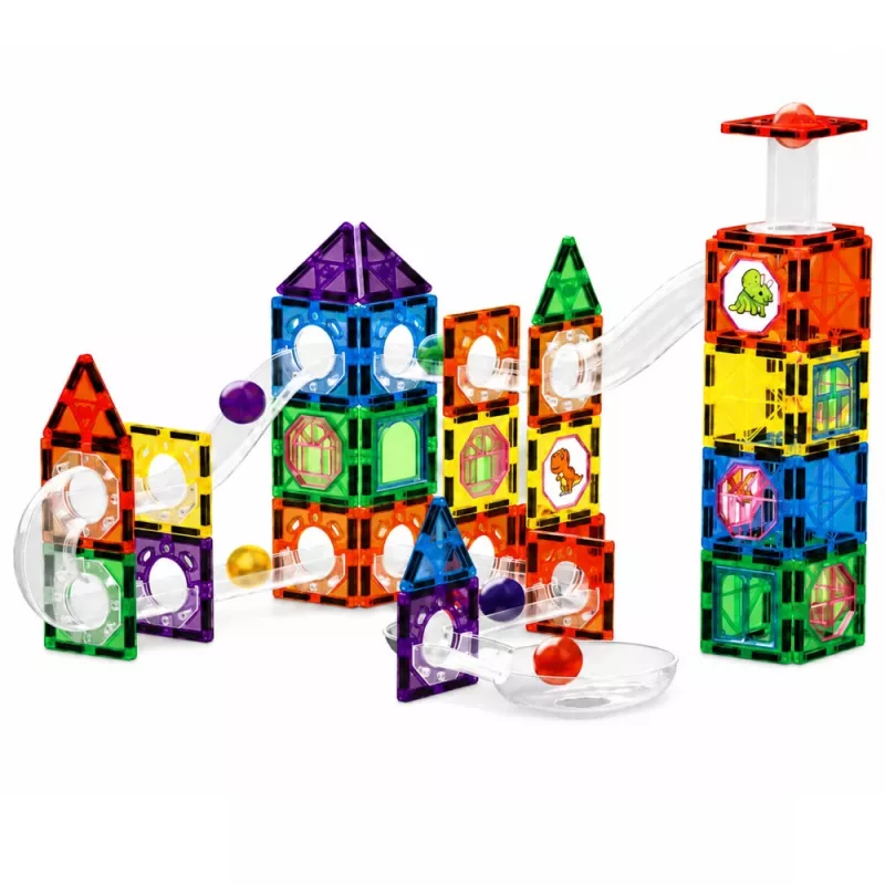 LEAN TOYS Blocos de Construção Magnéticos Conjunto de Comboio com Bolas STEM e Dinossauros – 92 Peças