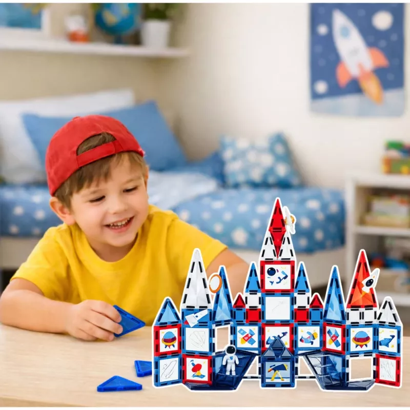 LEAN TOYS Blocos de construção magnéticos Magnetic Space Windows 90 peças – Conjunto STEM em plástico ABS
