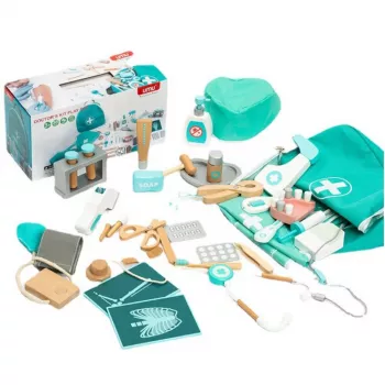 LEAN TOYS Conjunto Médico Pequeno Doutor Dentista Kit de Primeiros Socorros de Madeira Avental 20 peças