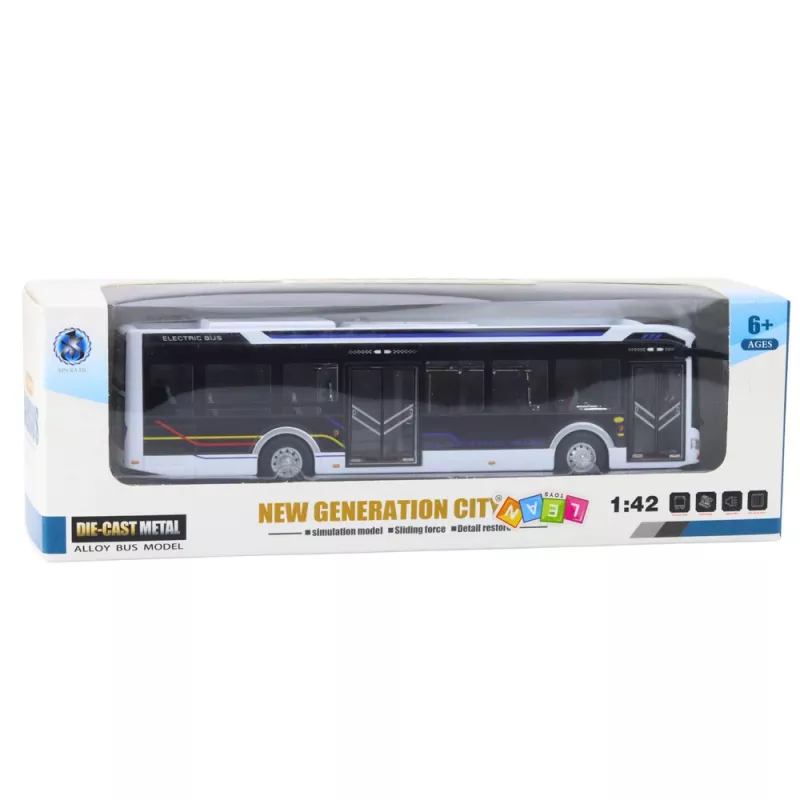 Autocarro Urbano Metálico LEAN TOYS Branco 1:43 Modelo em Zamac com Motor de Puxar e Portas que Abrem