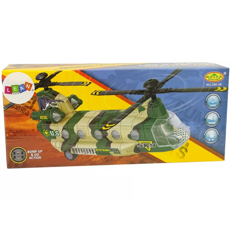 LEAN TOYS Helicóptero militar com grandes pás, luzes e som moro