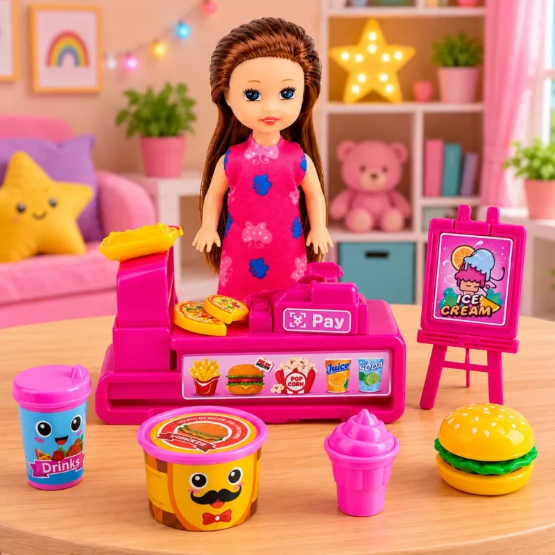 LEAN TOYS conjunto de bonecas mini com caixa registadora, vendedora, hambúrguer, acessórios de gelado