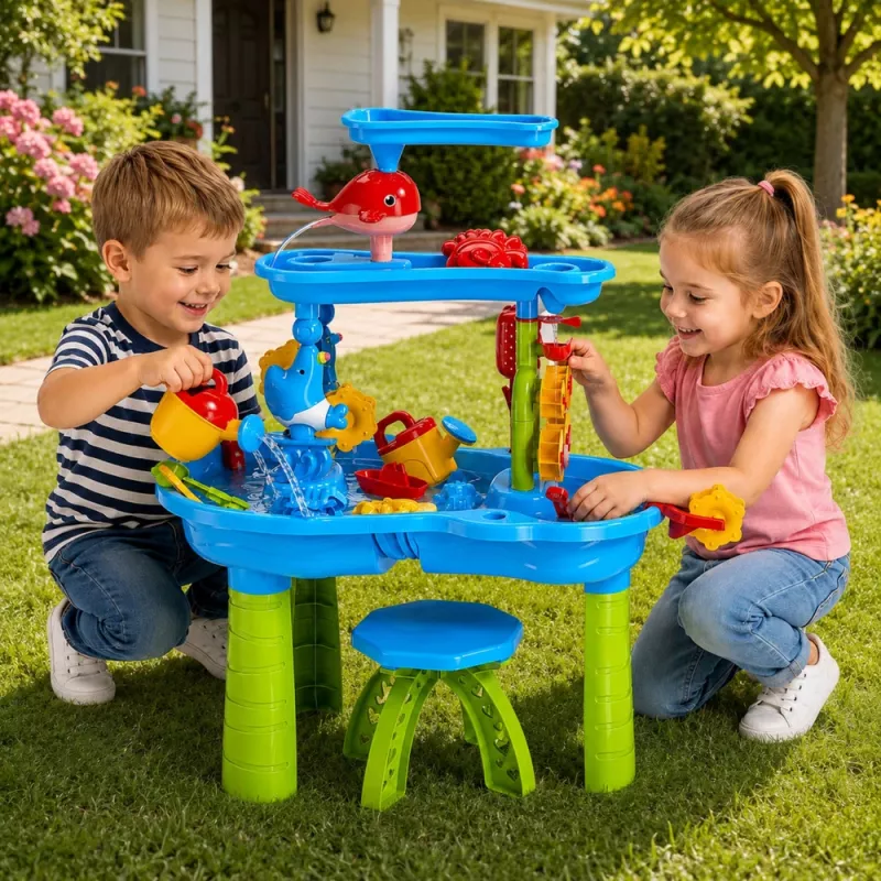 Mesa de água multinível LEAN TOYS com cadeira, acessórios e formas, 63 cm