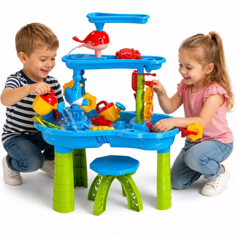 Mesa de água multinível LEAN TOYS com cadeira, acessórios e formas, 63 cm