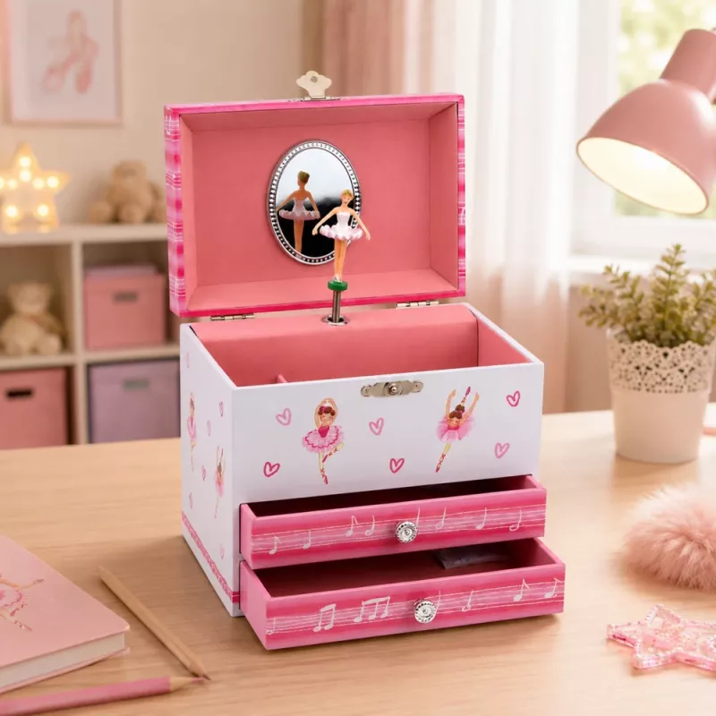 LEAN TOYS Caixa de Música com Bailarina, Caixa de Joias, Espelho e Gavetas - Design Clássico Rosa