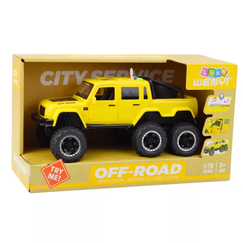 LEAN TOYS Carro offroad com tração por fricção, luzes e sons, Amarelo, 6x6, 1:16