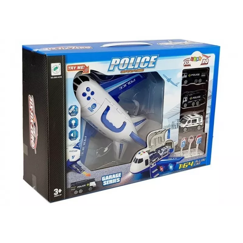 Avião de Polícia Dobrável LEAN TOYS com Carros 1:64 com Luz e Som