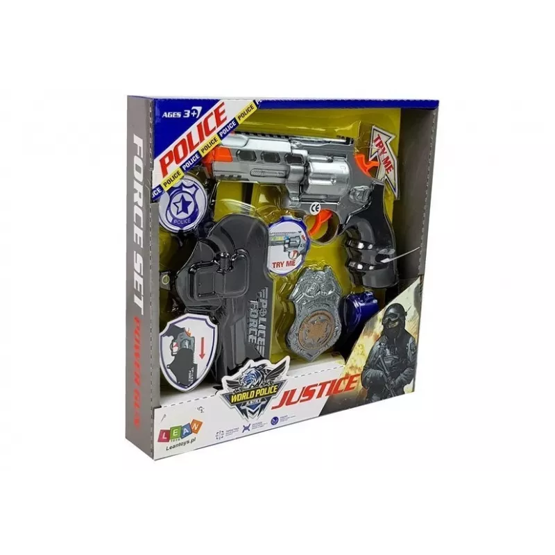 LEAN TOYS Conjunto de polícia revólver 20cm distintivo coldre apito efeitos de som e luz