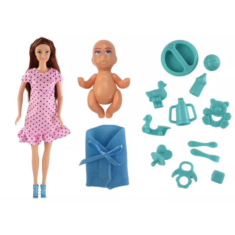LEAN TOYS Boneca bebé mãe grávida com vestido rosa e acessórios