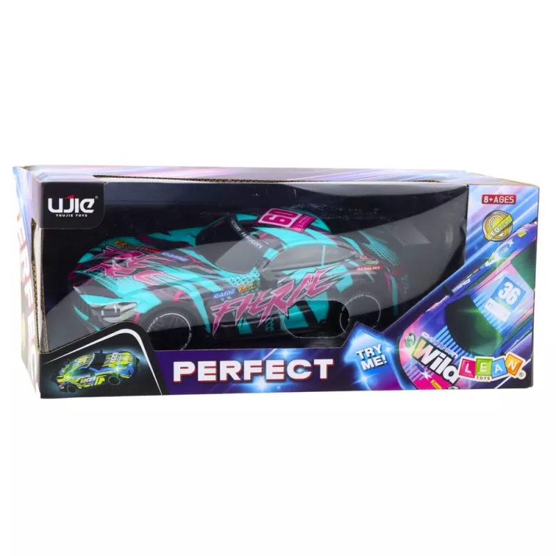 LEAN TOYS Carro de corrida RC com carroçaria turquesa iluminada, escala 1:16, controlo remoto 2,4 GHz