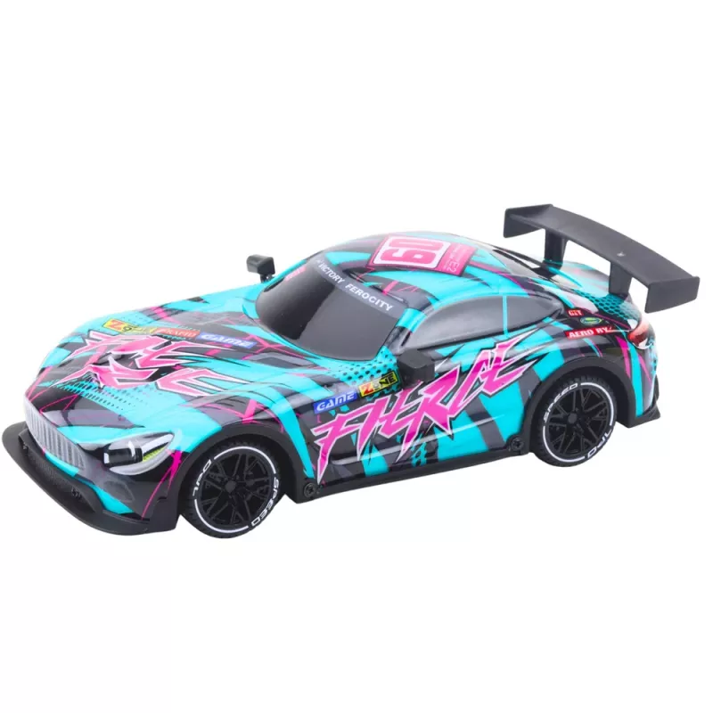 LEAN TOYS Carro de corrida RC com carroçaria turquesa iluminada, escala 1:16, controlo remoto 2,4 GHz