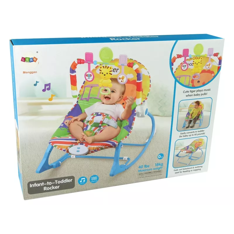 LEAN TOYS Cadeira de baloiço 2 em 1 azul tigre sons vibração