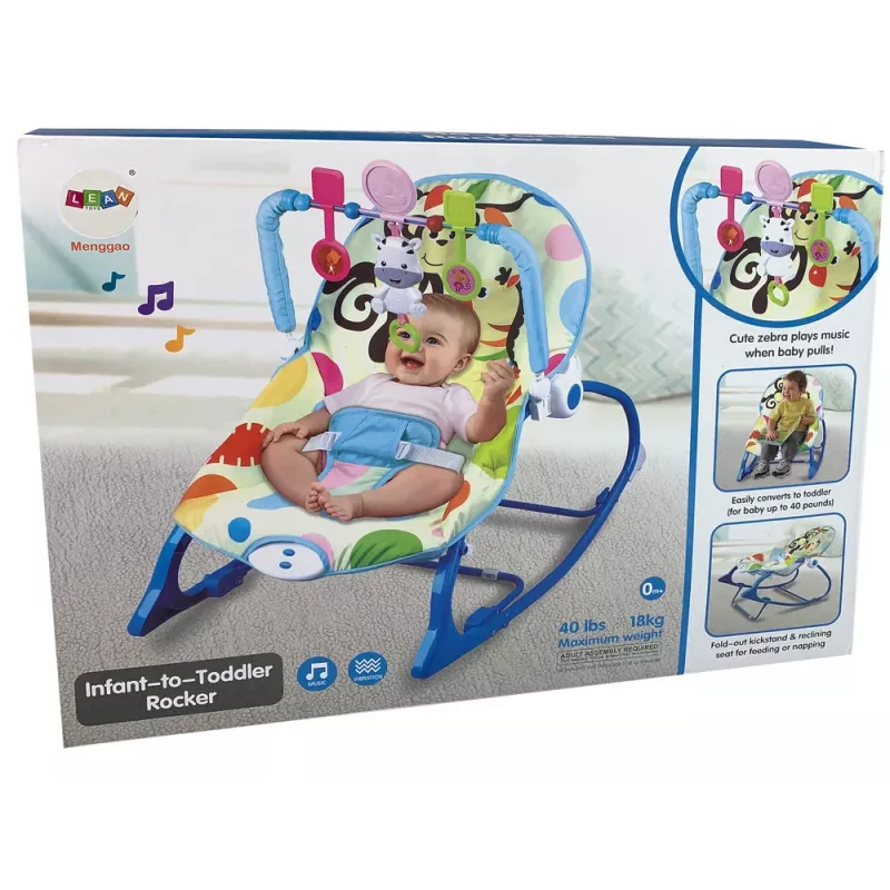 LEAN TOYS Cadeira de baloiço 2 em 1 azul zebra sons vibração
