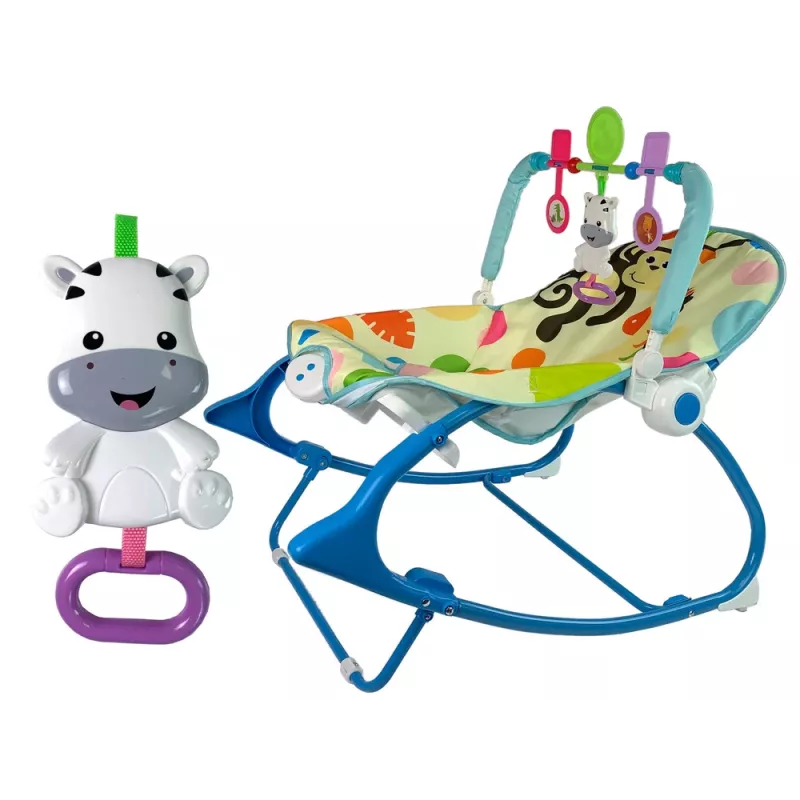 LEAN TOYS Cadeira de baloiço 2 em 1 azul zebra sons vibração