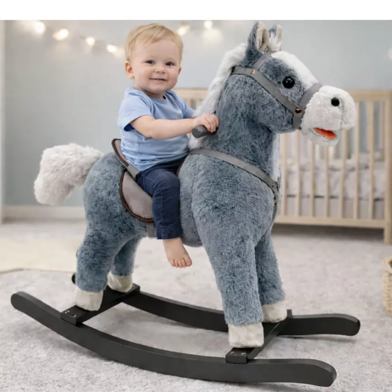 LEAN TOYS Cavalo de balanço com sela, apoios para os pés, sons, cinzento, 74 cm