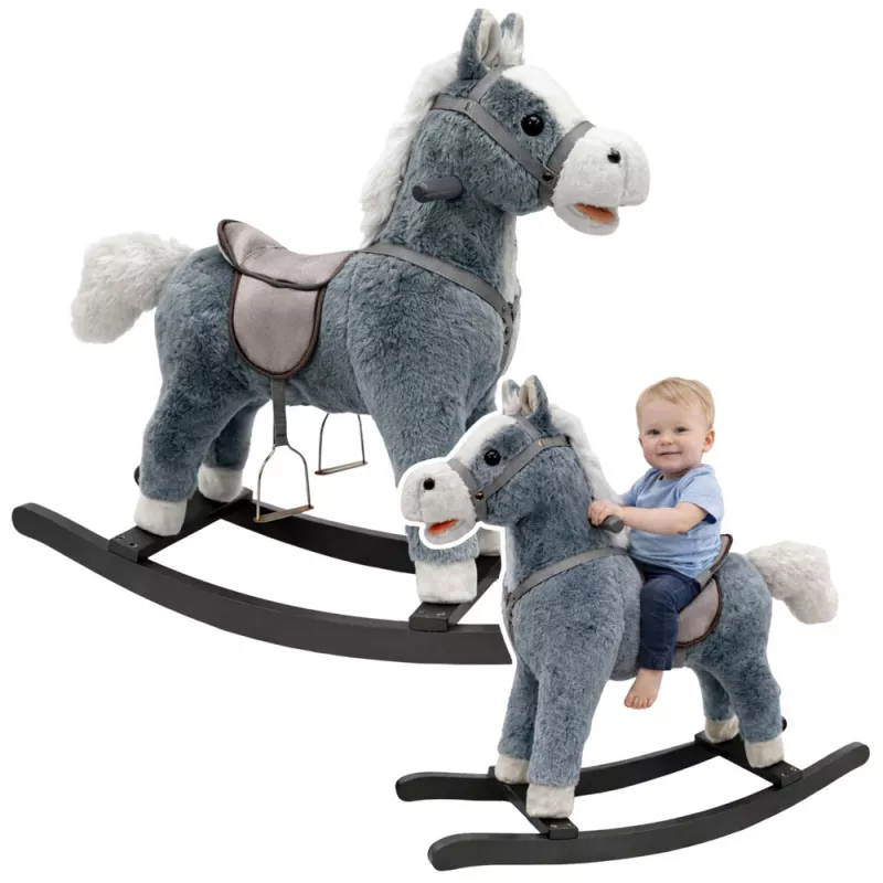 LEAN TOYS Cavalo de balanço com sela, apoios para os pés, sons, cinzento, 74 cm