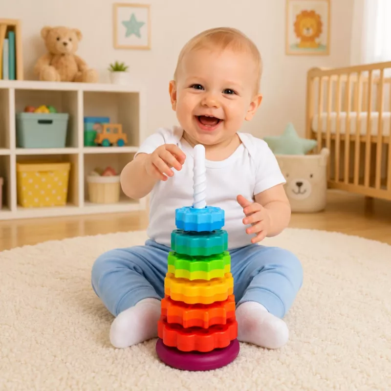 LEAN TOYS Torre piramidal rotativa classificador arco-íris puzzle 36 cm 6 peças