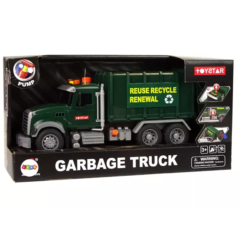 LEAN TOYS Camião do lixo com contentores verde-escuro com sons e luz