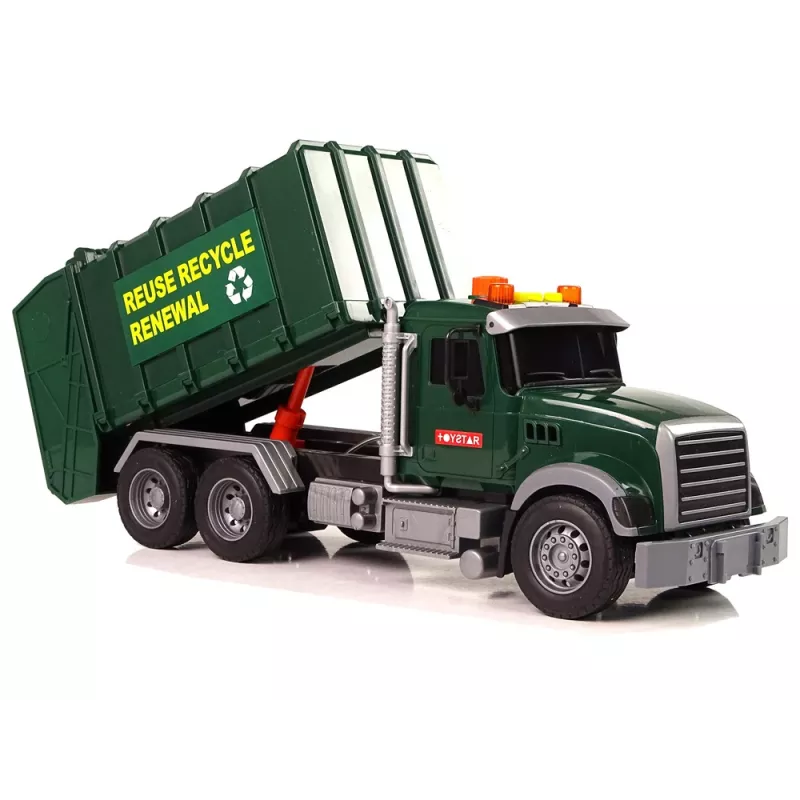 LEAN TOYS Camião do lixo com contentores verde-escuro com sons e luz