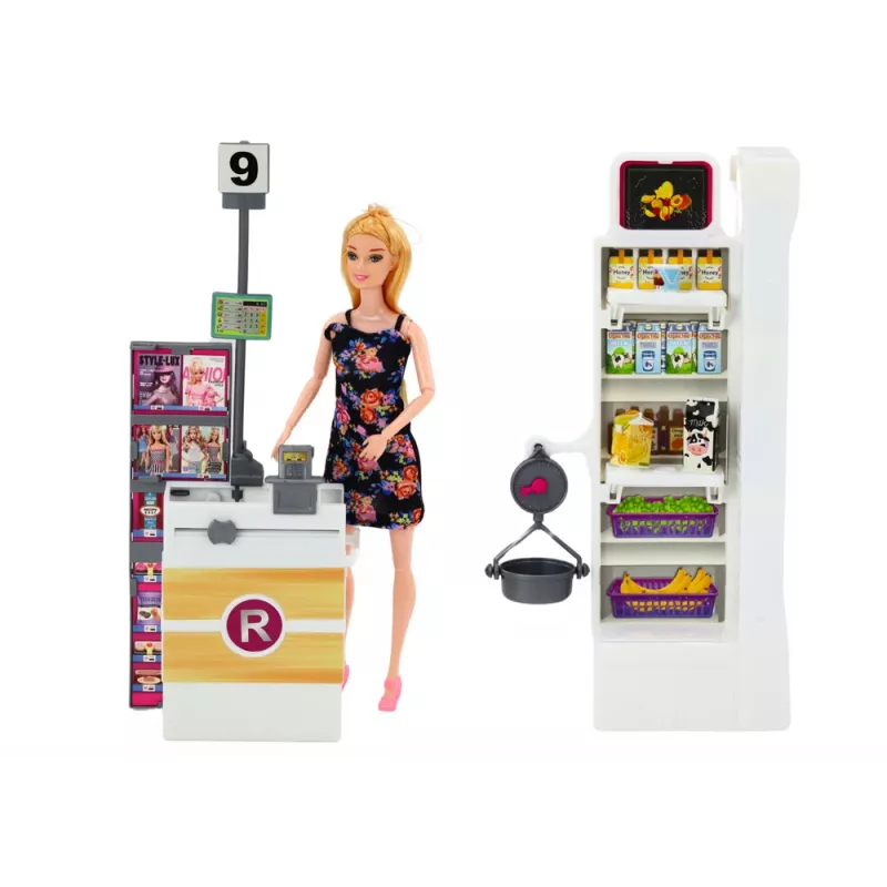 LEAN TOYS Conjunto boneca com prateleiras de supermercado, carrinho de compras e alimentos
