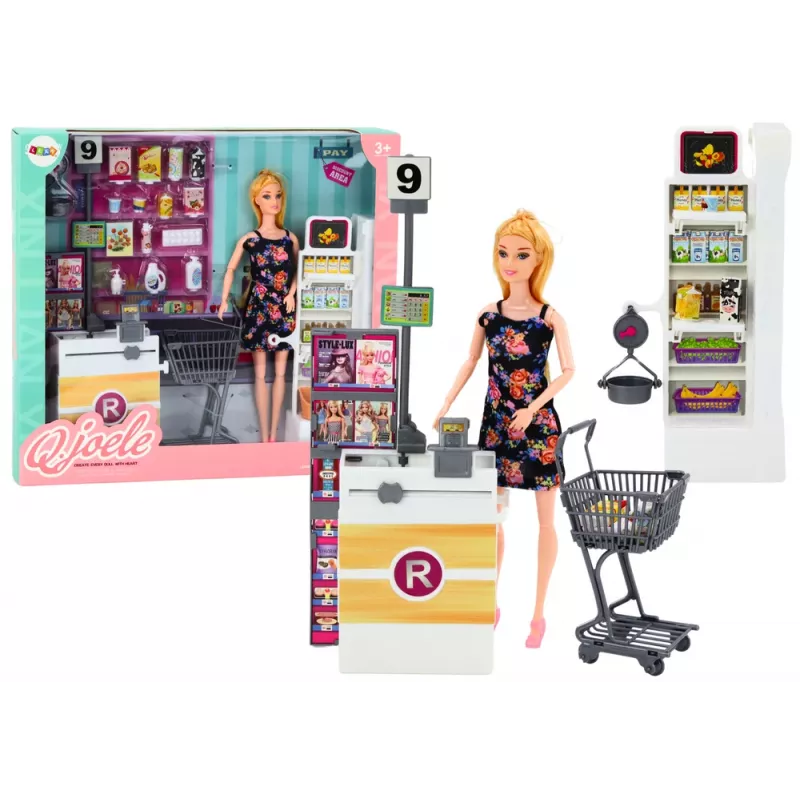 LEAN TOYS Conjunto boneca com prateleiras de supermercado, carrinho de compras e alimentos