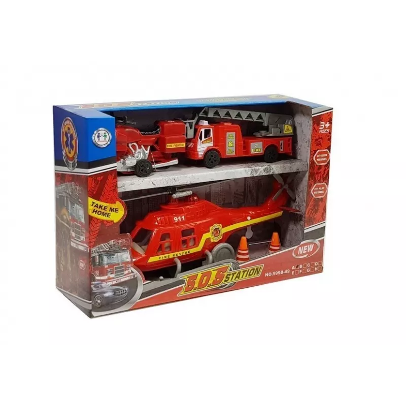 LEAN TOYS Conjunto Veículos de Bombeiros Helicóptero Motor Luz Sons