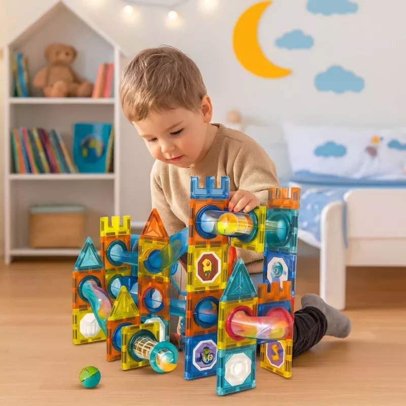 LEAN TOYS Conjunto de Blocos Magnéticos Pista de Bolas Colorido 98 peças