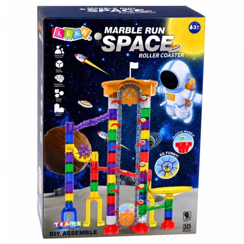 LEAN TOYS Space Track Blocos de construção 153 peças - Conjunto 3D colorido de pista de berlindes com túneis e bolas
