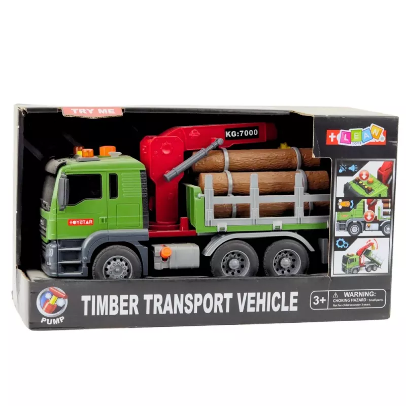 LEAN TOYS Camião de transporte de madeira com grua, troncos, luzes e sons – brinquedo de veículo de construção