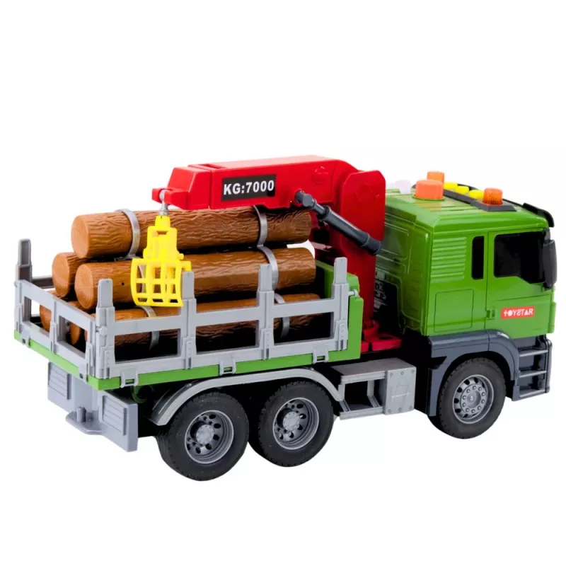 LEAN TOYS Camião de transporte de madeira com grua, troncos, luzes e sons – brinquedo de veículo de construção