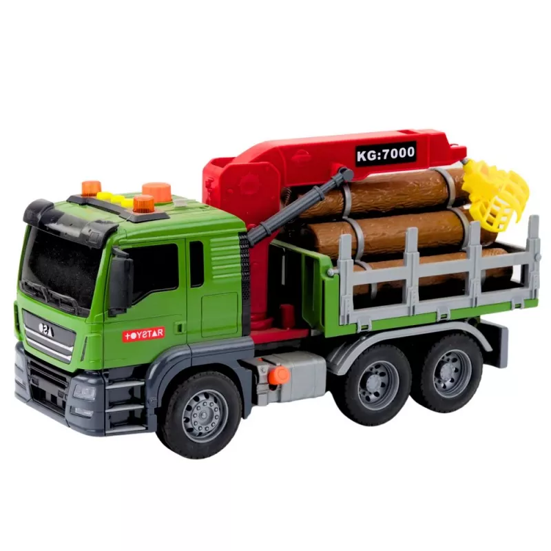 LEAN TOYS Camião de transporte de madeira com grua, troncos, luzes e sons – brinquedo de veículo de construção