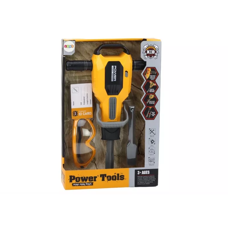 Martelo pneumático de brincar LEAN TOYS com capacete e óculos – amarelo, a partir dos 3 anos, luz e som, conjunto de 4 peças