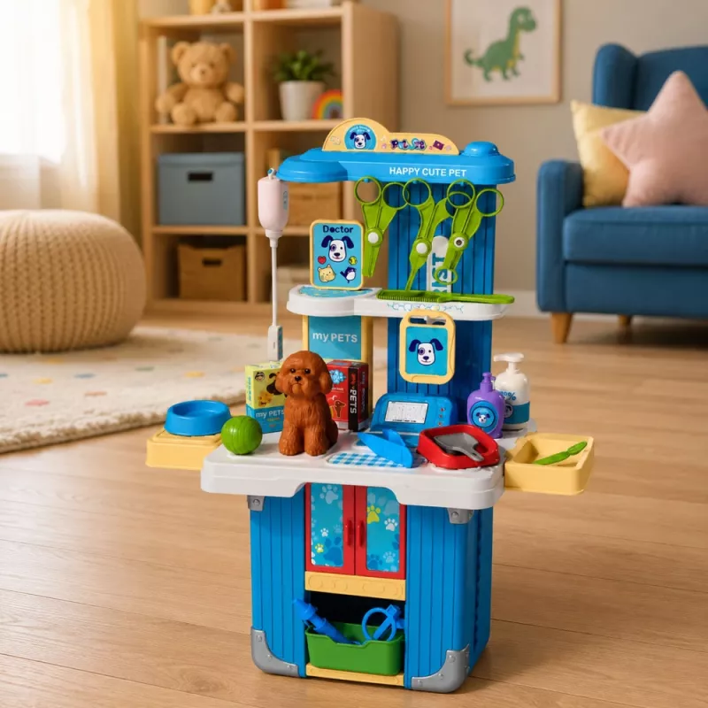 LEAN TOYS Mala de Veterinário Conjunto de Cuidados para Cão Castanho Conjunto de Faz de Conta com 12 Acessórios