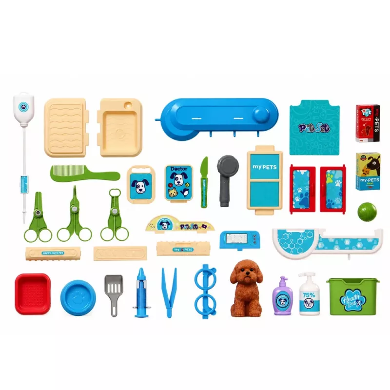 LEAN TOYS Mala de Veterinário Conjunto de Cuidados para Cão Castanho Conjunto de Faz de Conta com 12 Acessórios