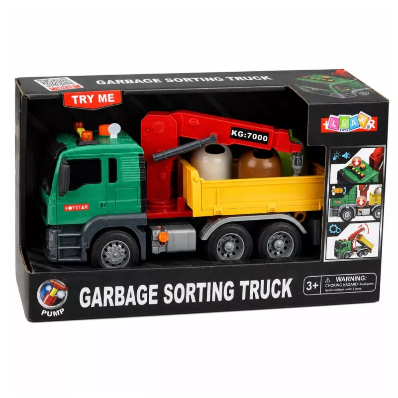 LEAN TOYS Camião de recolha de resíduos com grua, contentores, tração por fricção, luz e som