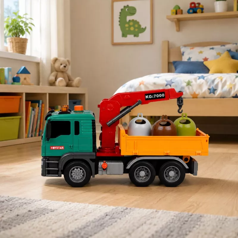 LEAN TOYS Camião de recolha de resíduos com grua, contentores, tração por fricção, luz e som